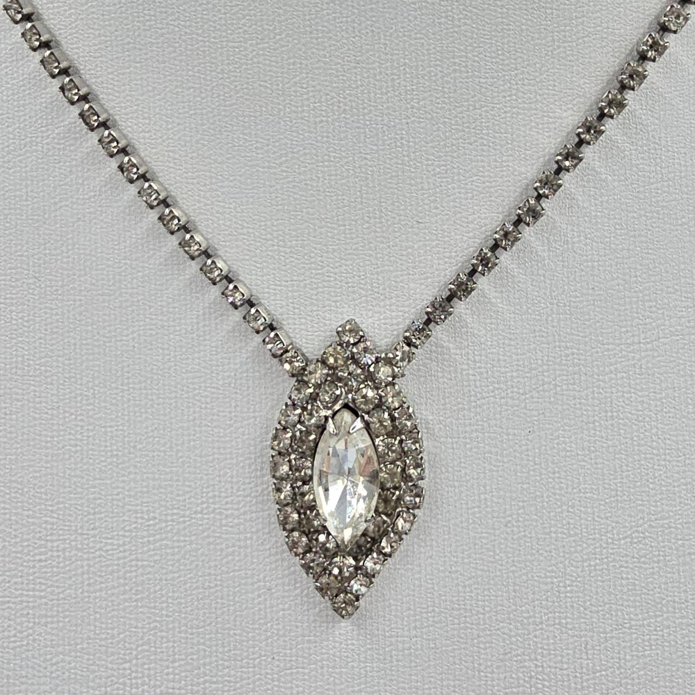 Vintage Clear Rhinestone Necklace Silver Tone Marquis Drop Adjustible